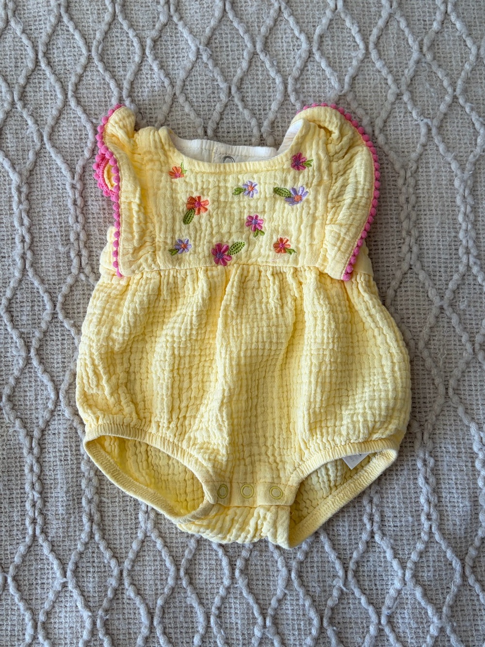 Baby Essentials Yellow Romper with Pink Trim and Floral Embroidery